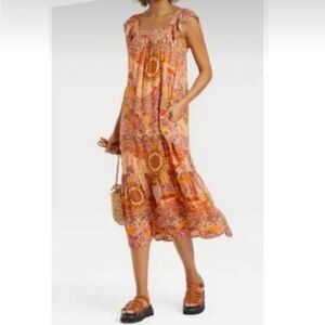 Knox Rose Orange Floral Print Ruffle Hem Summer Tank Peasant Dress
